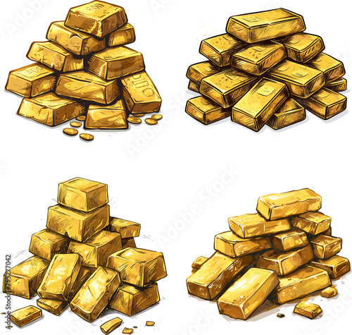 Color engraving raster Illustration set of Pile of gold bricks, shiny, isolated on white background