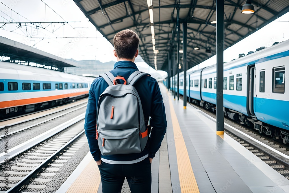 traveler man with backpack in train station.