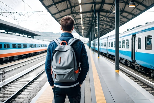 traveler man with backpack in train station. © RORON