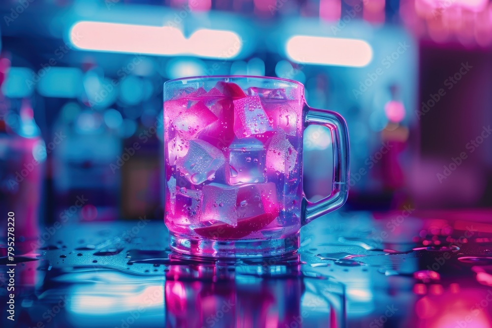 Glass cup with pink drink, background with blue neon light. Glass cup with pink drink, background with blue neon light.