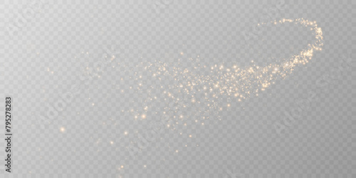 Sparks of dust and golden stars shine with special light. Vector sparks on transparent light background. Christmas light effect. Sparkling particles of magic dust.	 photo