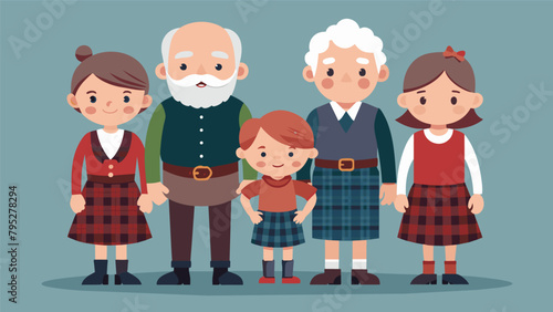 An elderly couple in traditional Scottish kilts and tartan patterns surrounded by their grandchildren wearing smaller versions of the same