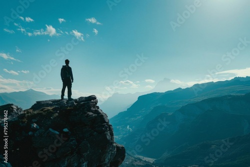 silhouette of a man standing on a rocky cliff overlooking a vast mountainous landscape © Lucija