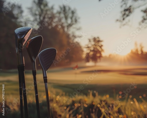 Three golf clubs rest on the grass at dawn. photo