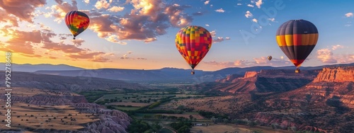 Landscape with hot air balloons flying in the sky, canyons in the background. photo