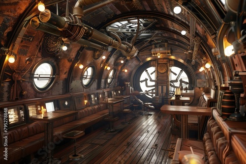 Interior of an airship  steampunk style.