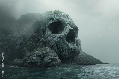 Stone hill in the shape of a giant skull on a pirate island, fantasy concept. photo