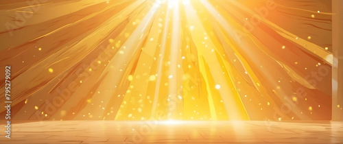 A golden explosion of sunrays lightening up a wooden stage, evoking a sense of new beginnings and grandeur photo
