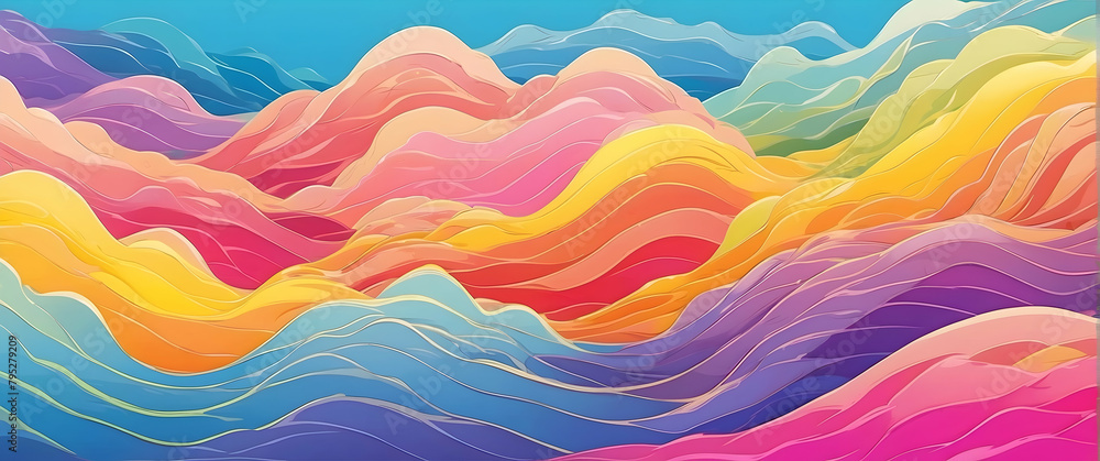 Vibrant, flowing layers of hills in a mesmerizing abstract digital art style, featuring rich shades of blues, pinks, and yellows