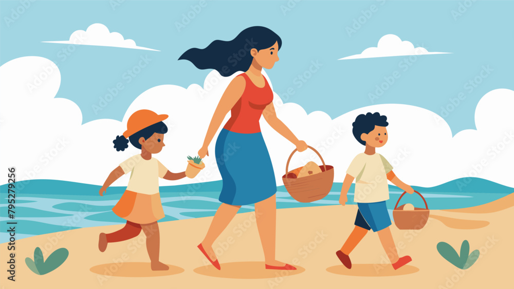 A mother and her two children walking along a beach the youngest proudly carrying a basket filled with snacks and activities for a beach picnic A mother and her two children walking along a beach the youngest proudly carrying a basket filled with snacks and activities for a beach picnic