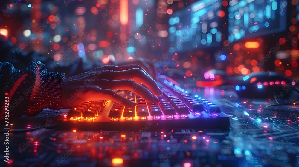 Hacker's Customized Keyboard in Neon-Infused Workspace with Ethereal Glow