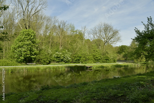 L'étang-canal sous le feuillage luxuriant des arbres au printemps au Vrijbroekpark à Malines