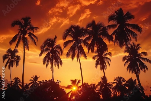 silhouette of palm trees against fiery orange sunset sky tropical paradise landscape © Lucija