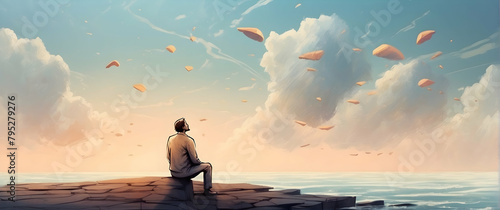 An illustrated man sits contemplatively at a dock, as paper planes fly by, symbolizing peace and introspection photo
