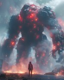 Heroic Cyborg Warrior Confronting Towering Digital Monstrosity in Futuristic Sci-Fi Battle