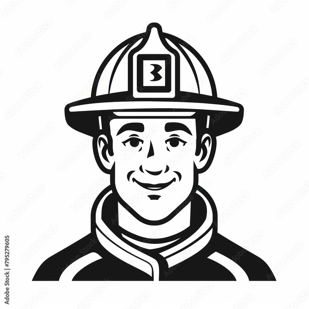 Smiling Firefighter Logo, Minimalist Line Art Fire Service Icon in Monochrome Smiling Firefighter Logo, Minimalist Line Art Fire Service Icon in Monochrome