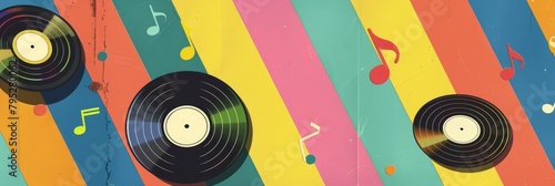 Retro 80s vinyl record on colorful background, music and nostalgia concept. photo