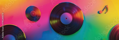 Retro 80s vinyl record on colorful background, music and nostalgia concept. photo