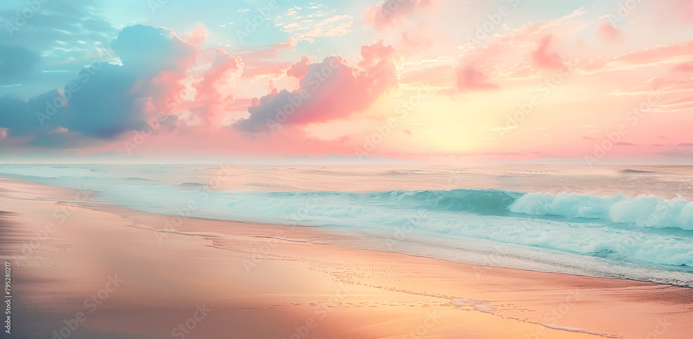 Beautiful beach with pastel clouds and ocean waves at sunrise or sunset.