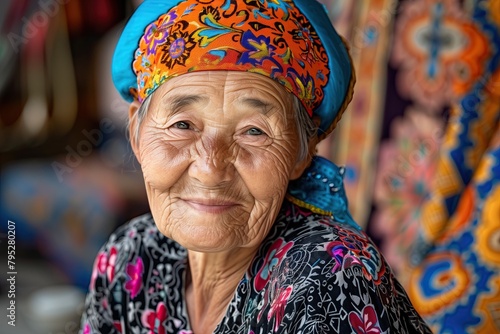 Portrait of an old Asian woman. Senior Kyrgyz lady sitting on a bazar with a patterned carpet on the background. Pensioners of Kyrgyz Republic. Wrinkled face of Uzbek mountain village citizen photo