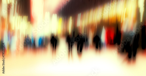 City, blurred and person walking for nightlife with motion, population and social demographics. Society, lights and commute on busy street with urban movement, travel culture or community in capital