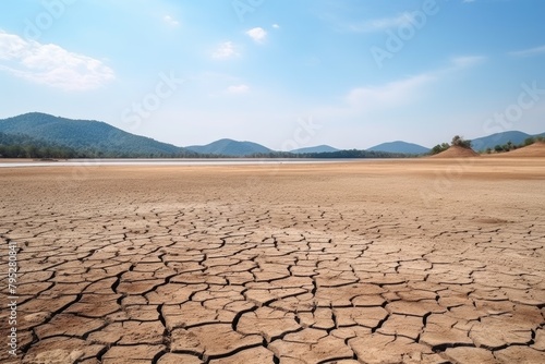 A wide, parched riverbed with surrounding hills depicts a desolate landscape suffering from prolonged drought. Dry Riverbed and Hills in Drought Landscape