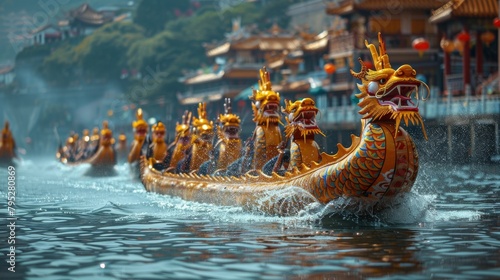 Majestic Dragon Fleet Drifting in Tranquil Waters. Generative AI photo