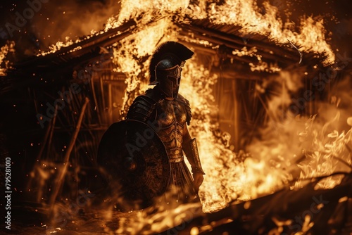 Spartan soldier in a burning wooden hut.