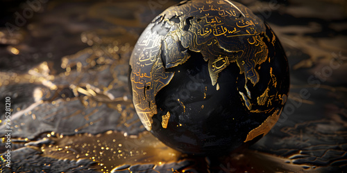 3d rendering of a golden globe on a dark background with reflection, 3d rendering of a golden globe on a pedestal in a dark room © AbroadInfo