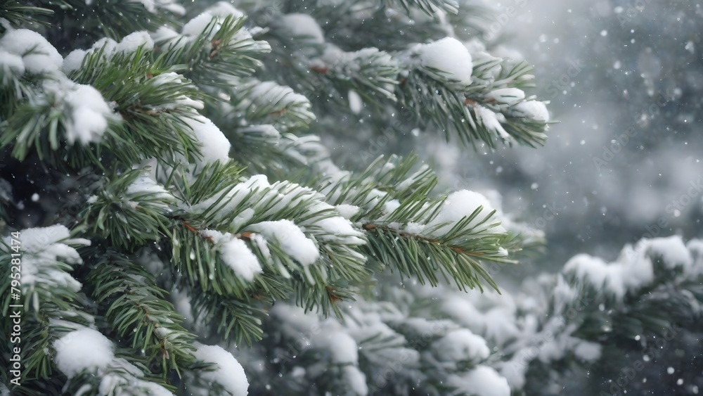Snow covered fir tree branches. Winter background with snowflakes.