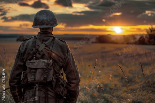Landscape with WWII soldier on his back, field in the background with sunset.