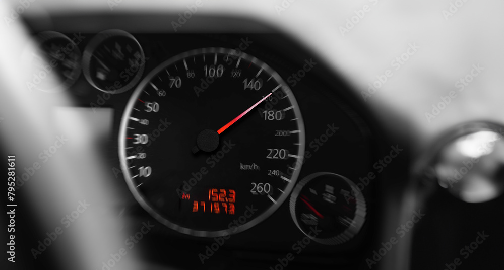 Fototapeta premium Car speedometer. High speed on a car speedometer and motion blur.