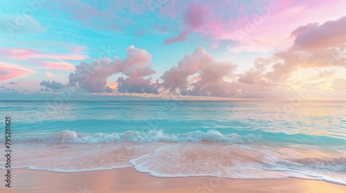 Summer nature sea sand sky, sunrise colors clouds, horizon, tranquil background banner. Inspirational nature landscape, beautiful colors, wonderful scenery tropical beach. Beach sunset vacation coast #795281621