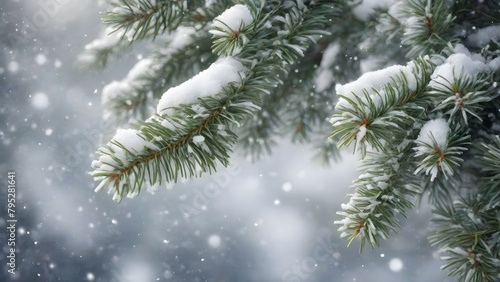 Snow covered fir tree branches. Winter background with snowflakes. © anamulhaqueanik