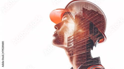 Construtor de capacete em dupla exposição com construção no fundo branco    