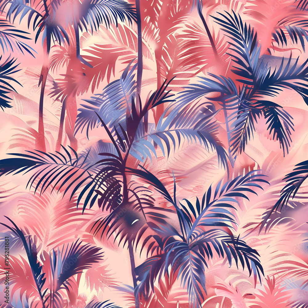 Naklejka premium Palm trees, palm leaves seamless pattern. jungle forest background. Summer tropical wildlifeillustration for wallpaper, textile 