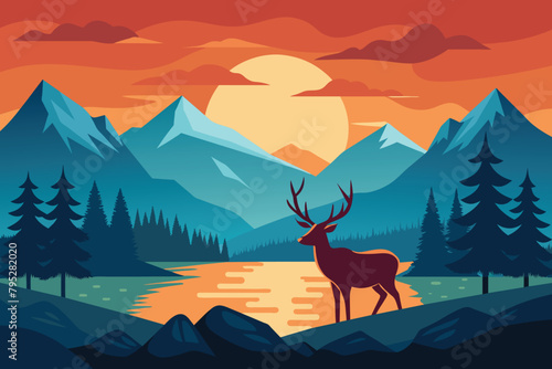 beautiful wildlife landscape with reindeer lake mountains and forest at sunset vector illustration © mobarok8888