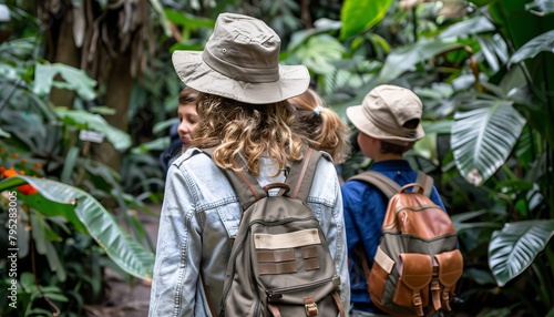 Female teacher and students discovering nature in lush forest on school excursion