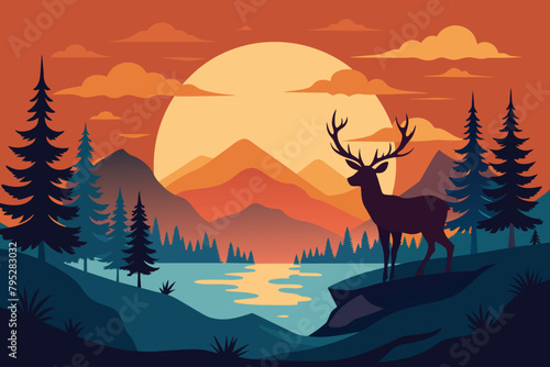 beautiful wildlife landscape with reindeer lake mountains and forest at sunset vector illustration