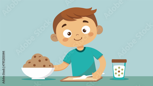 A little boy carefully measuring out flour and sugar his face scrunched in concentration as he follows the recipe for chocolate chip cookies.