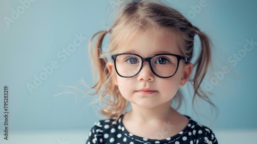 Portrait of cute little girl wear glasses. Ophthalmology concept