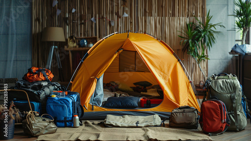 Camping tent with different hiking equipment indoors -