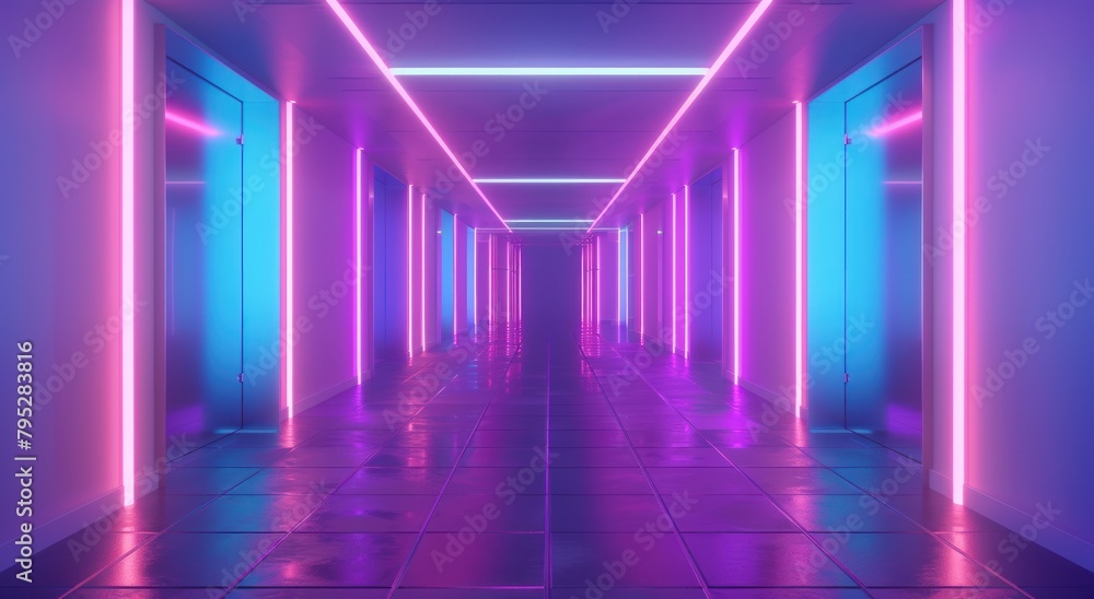 3d rendering of a corridor room with futuristic purple neon light.