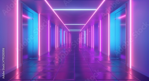 3d rendering of a corridor room with futuristic purple neon light.