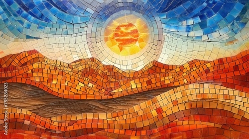 Desert Motive Mosaic, Sund and Sand Stained Glass Illusion with Wind blowing 