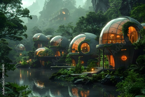 Symbiotic Biosphere Domes in a Floating Utopian Landscape with Lush Verdant Interiors and Bioluminescent Accents