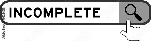 Search banner in word incomplete with hand over magnifier icon on white background