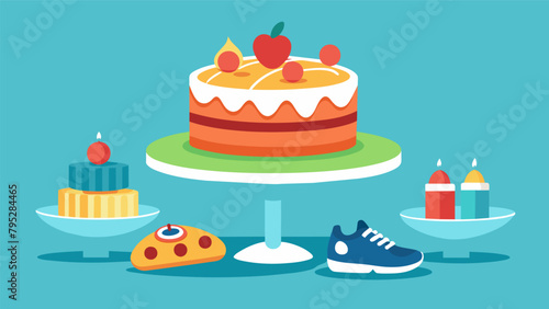 A sportsthemed cake decorated with edible race bibs and mini running shoes serves as the centerpiece of the partys dessert table.