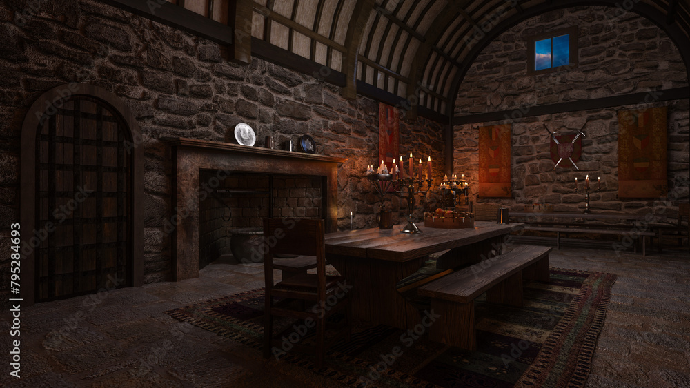 Obraz premium Medieval castle dining hall with table and seats by an open fireplace. 3D rendered illustration.