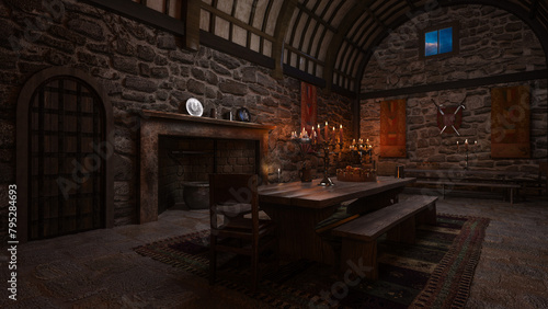 Medieval castle dining hall with table and seats by an open fireplace. 3D rendered illustration.